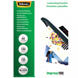 Fellowes | Laminating Pouch | A4 | Clear | Thickness: 100 micron, Qty Per Pack: 100 pcs; Ideal for notices, craft materials, signage and frequently handled documents; Compatible with all laminator brands