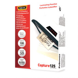 Fellowes | Laminating Pouch - 65x95mm | Glossy | Ideal for identity cards, credit cards, business cards and visitor cards; Capture 125 Micron thickness - providing an advanced level of document protection; Pack size of 100; Compatible with all laminator b